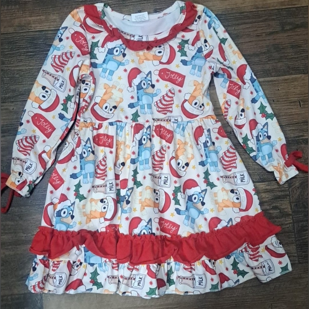 Festive Cartoon Print Dress with Red Accents